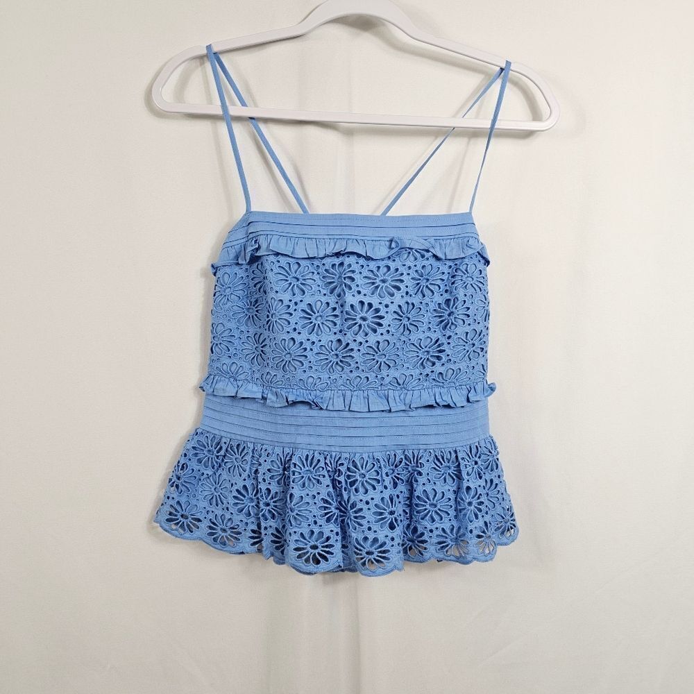 NWT J.Crew Cross-Back Smocked-Waist Eyelet Top in Blue - Size XS